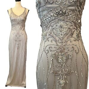 NWT Sue Wong Nocturne Sheer Mesh Beaded Sequin Open Back Formal Maxi Dress